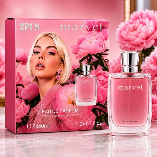 Marvel Pink Bloom Eau de Parfum Femme – Coffret 2 x 50 ml – Parfum Floral Longue Tenue – Naturel – Idée Cadeau Femme