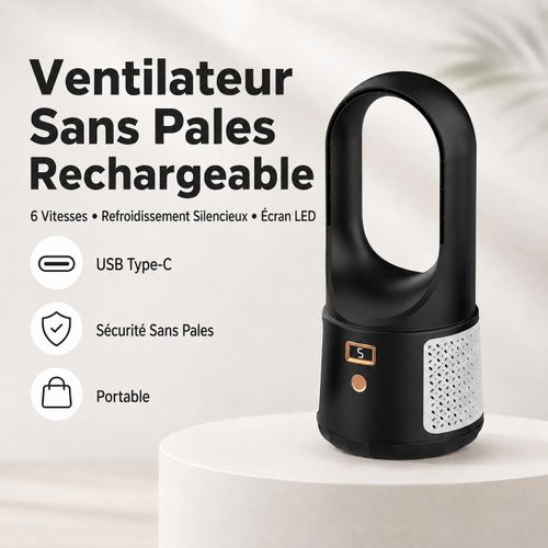 Ventilateur de Bureau Rechargeable Sans Pales avec Écran LED, 6 Vitesses, Portable, Conduit d'Air 230mm, USB Type-C, Fonctionnement Silencieux pour Chambre Maison Bureau - Noir