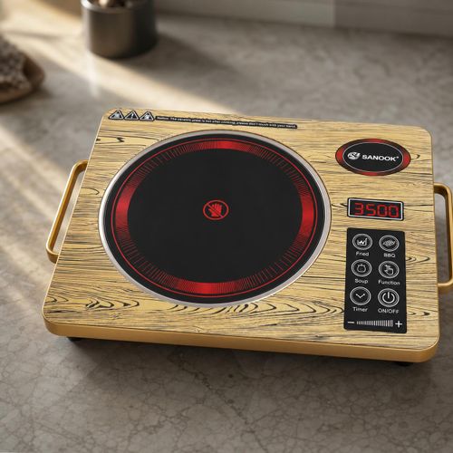 Plaque Chauffante Infrarouge SANOOK (SML-5538) – 3500W Puissant Réchaud Vitrocéramique Effet Bois avec Écran Digital, Minuterie & Panneau Tactile pour Tout Ustensile