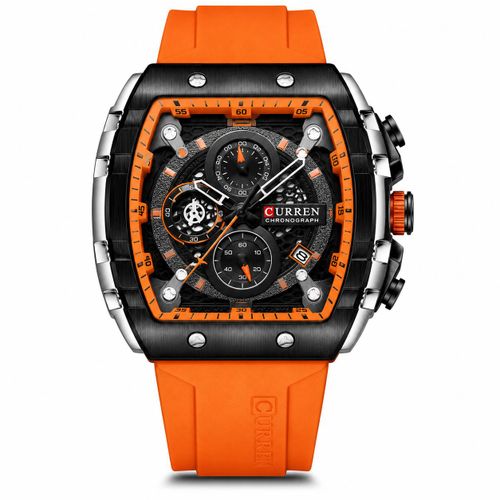 Montre Homme Chronographe Quartz – Bracelet en Silicone Orange – Boîtier Noir – Style Sport – Calendrier – Étanche aux éclaboussures