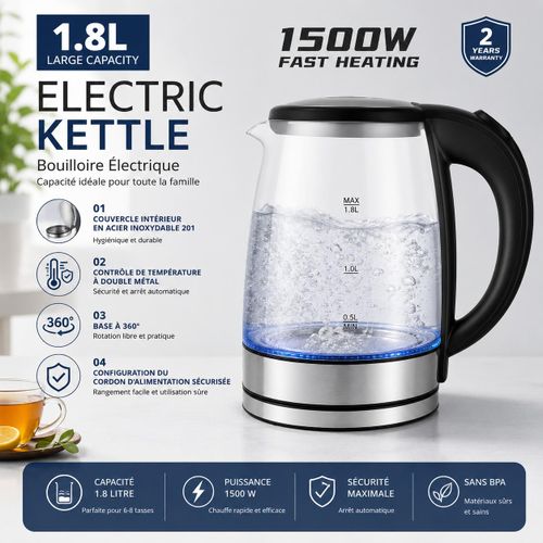 Bouilloire Électrique en Verre 1,8 L – 1500 W Chauffage Rapide – Base Rotative 360°, Arrêt Automatique et Protection Contre la Surchauffe