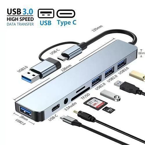 hub USB C, hub USB A, adaptateur 8 en 1, lecteur carte SD TF, jack 3.5 mm, adaptateur MacBook, multiprise USB, adaptateur tablette