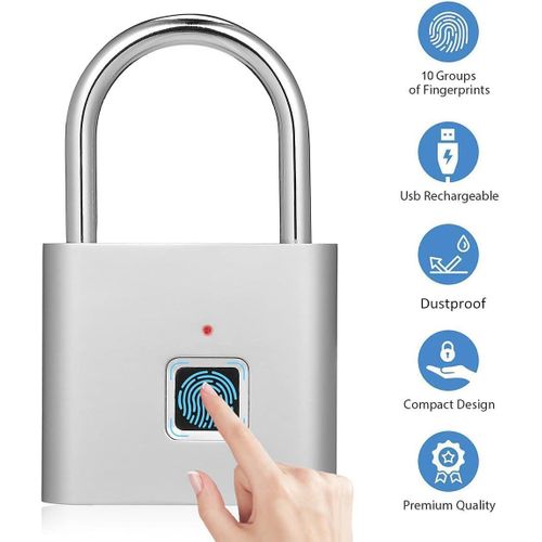 Cadenas Intelligent D'empreintes Digitales,Cadenas à Empreintes Digitales Rechargeable USB, Cadenas Intelligent Antivol Solide Sans Clé