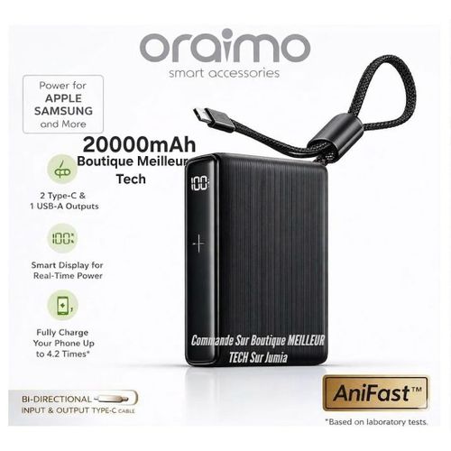 Power Bank 20000mAh PowerNova L21 Noir - Noir - Charge Ultra Rapide 30W - Câble Type-C Intégré - Ecran Batterie - OPB-7203C