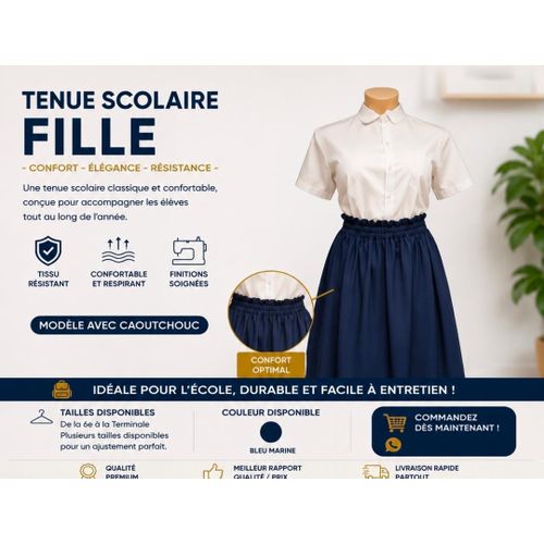 Tenue Scolaire Fille Bleu blanc– Jupe & Chemisier – Modèle avec Caoutchouc