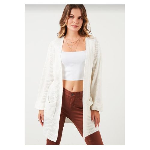 Gilet Femme Maille Décontractée Avec Manches Repliées Et Poches - Blanc