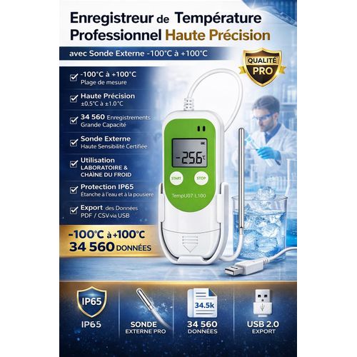 Enregistreur de Température Digital TZONE TempU07 L100 avec Sonde Externe -100°C à +100°C USB 34 560 Données Haute Précision IP65