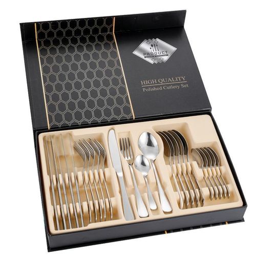 Set de couverts en argent, ensemble de 24 pièces pour 6 personnes, acier inoxydable premium 18/10, poli miroir, lavable en lave-vaisselle