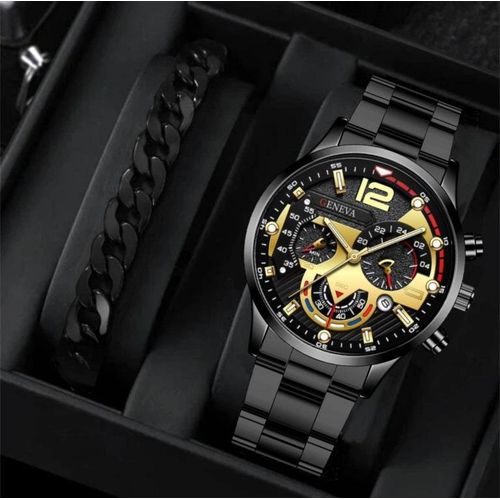 Montre à quartz pour homme + Bracelet pour homme - Noir