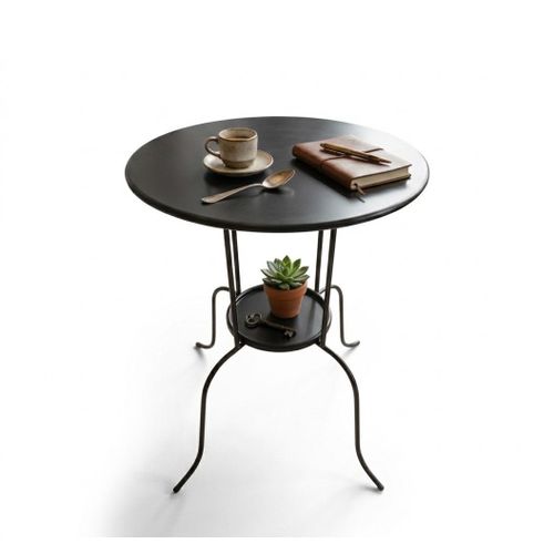 Table d’appoint ronde en métal noir avec double plateau de rangement