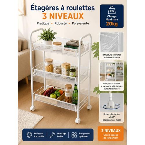 Étagère de Rangement à 3 Niveaux sur Roulettes – Desserte Multiusage – blanc Élégant