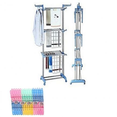 Séchoir Inox 3 Niveaux Avec Roues + 2 Paquets De Pince à Linge