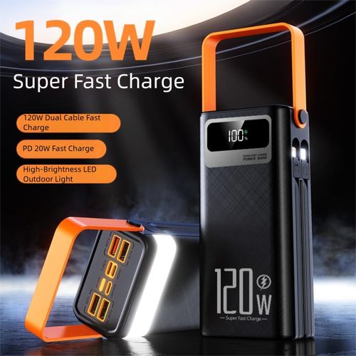 Batterie Externe Power Bank 50000 mAh avec Écran LED, Câbles Intégrés Détachables, 7 Sorties, Compatible USB-C, iPhone, Samsung, Android, Lampe LED