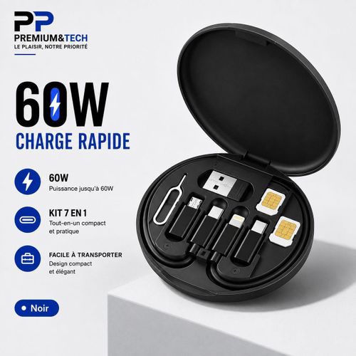 Boîtier Multi-Câbles de Rangement 7 en 1 – Kit Universel de Charge Rapide 60W avec Adaptateurs et Épingle SIM