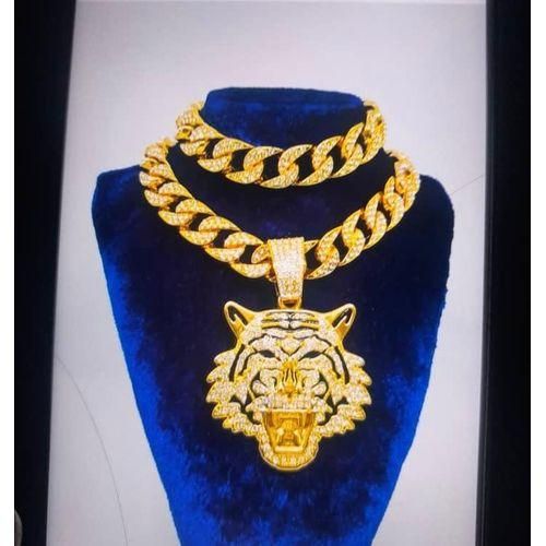 Chic Chaîne En Strass Or Chaîne Luxueuse Bling Médaillée Tête De Chat