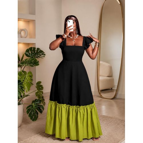 Robe Longue Femme Évasée Bicolore Noir & Vert – Col Carré – Style Chic et Élégant