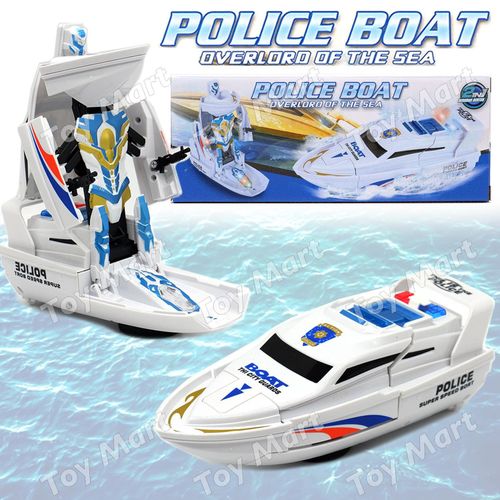 Robot de patrouille 2 en 1 à transformation contrôlée, transformable en bateau rapide de police, avec lumières et sons