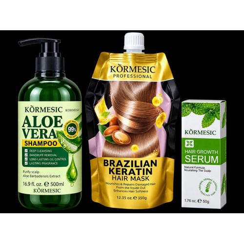 Kit De Soins Capillaires – Aloe Vera, Kératine Brésilienne – Shampooing, Sérum et Masque.