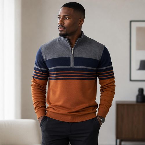 Pull Homme Col Zippé à Manches Longues – Style Décontracté Élégant – Gris, Bleu Marine et Marron
