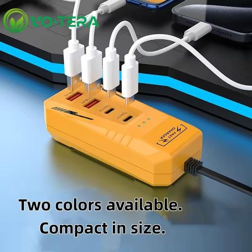 Chargeur multifonctions, 4 ports, multiprise PD 65W charge rapide, hub USB, câble de données Type-C, multiprise - orange