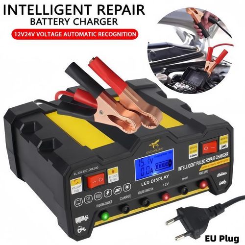 Chargeur de batterie entièrement automatique 12V/24V, Chargeur intelligent de réparation pour voiture, Chargeur haute puissance pour moto, Chargeur pour batteries de stockage domestique - Prise UE