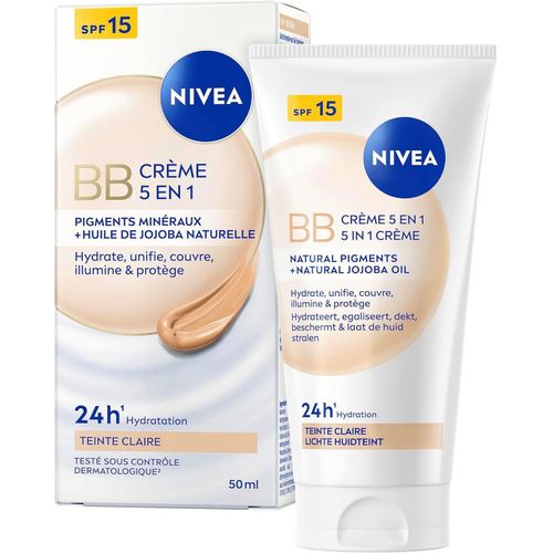 NIVEA - BB Crème 5 En 1 Teinte Claire - Crème Visage hydratante FPS 15 - Hydratation 24H - Soin visage anti imperfections & Signes De Fatigue - Huile De Jojoba Bio & Pigments Minéraux - 50 ml