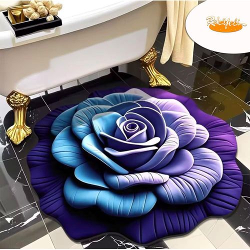 Tapis Rond à Motif Floral 3D Style Moderne Antidérapant, Séchage Rapide, Absorbant L'eau – Tapis de Sol Décoratif Ultra Doux pour Chambre, Salon & Salle de Bain(Bleu-Violet)