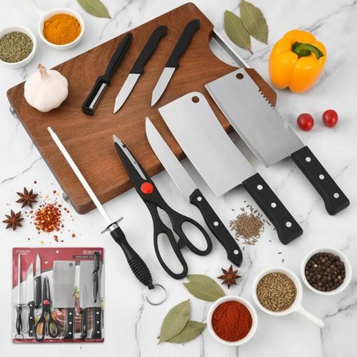 Set de Couteaux de Cuisine Professionnel 8 Pièces – Acier Inoxydable Haute Qualité – Comprend Couperets, Ciseaux et Aiguiseur