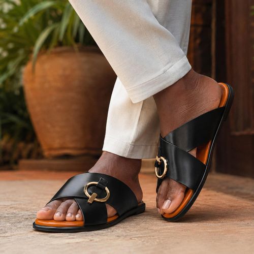 Mules Homme en Cuir Bicolore Noir & Camel – Sandales Croisées Fait Main Chic