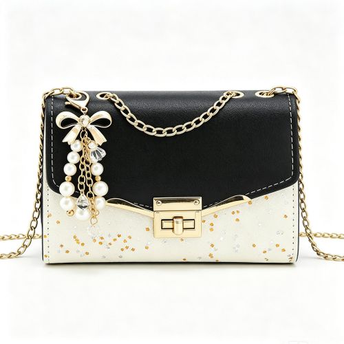 Sac à main mini à paillettes bicolore pour femme, sac bandoulière chaîne métallique avec pendentif nœud perle amovible, sac élégant pour sortie soirée et cadeau