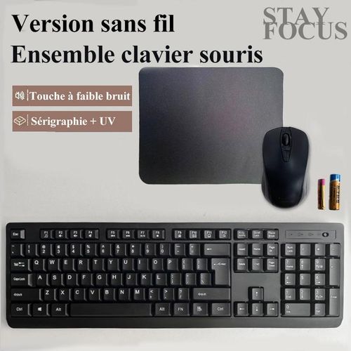 Ensemble clavier et souris sans fil 2,4 GHz + tapis de souris, kit 3 en 1, USB plug and play, économie d'énergie, convient aussi bien au travail de bureau qu'aux jeux, piles incluses.