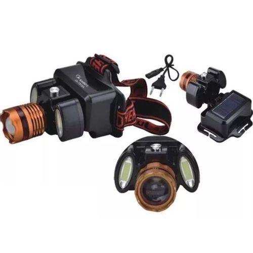 Lampe Frontale Rechargeable 3LED+COB – Zoom, Panneau Solaire & USB, 5 Modes, Étanche IPX4