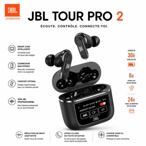 Écouteurs Bluetooth JBL Tour Pro 2 avec Smart Case Écran Tactile – Réduction de Bruit ANC – Charge Sans fil