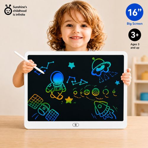 Tablette de Dessin LCD 16Pouces Multicolore pour Enfants – Écran d'Écriture Réutilisable avec Verrouillage, Stylet Inclus, Effacement Rapide, Tableau Électronique Portable pour Dessin, Apprentissage et Loisirs, Cadeau Idéal pour Enfants de 3 à 12 Ans.
