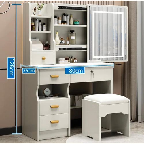 Coiffeuse Complète avec Miroir LED Intégré – Multi-Rangements & Tiroir à Clé + Tabouret Inclus