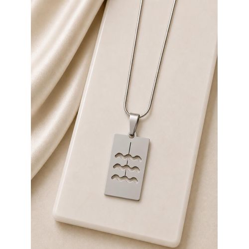 Collier Pendentif Rectangle à Motif Vagues en Acier Inoxydable – Bijou Élégant
