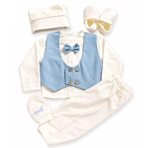 Coffret baptême garçon – Naissance - Gilet à 4 boutons (Gilet, pantalon, bonnet, gants & chaussures) - Bleu Ciel