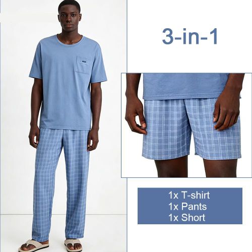 Ensemble de Pyjama 3-en-1 pour Homme, T-shirt Manches Courtes + Pantalon Long + Short à Carreaux - Bleu