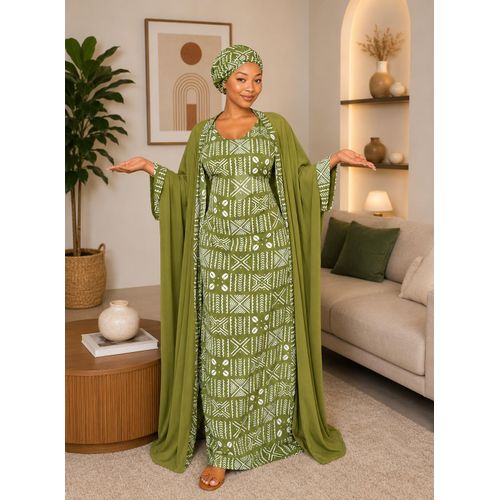 Robe Longue Vert avec Kimono Fluide & Foulard Assorti