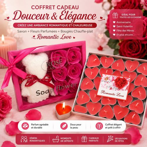 Coffret Cadeau Rose Garden – Romantic Love Fleur & Ourson + Bougies Chauffe-plat