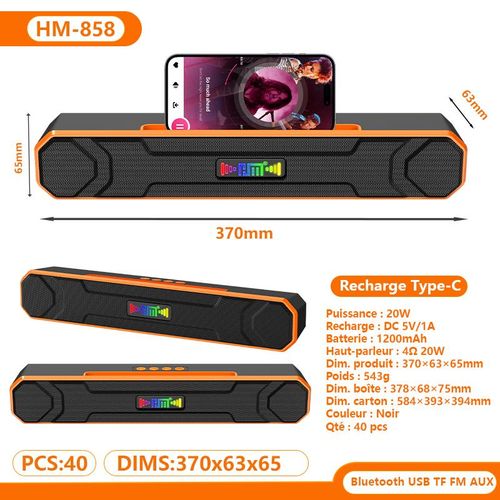 Barre de son Bluetooth haut de gamme avec support pour smartphone, éclairage RGB dynamique, port de recharge Type-C, fonctions USB, TF, FM et AUX pour bureau et maison