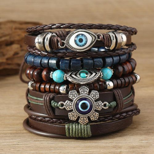Ensemble 6 Pièces Bracelet Homme Perles en Bois Œil du Diable à Superposer Élastique pour Port Quotidien et Cadeau