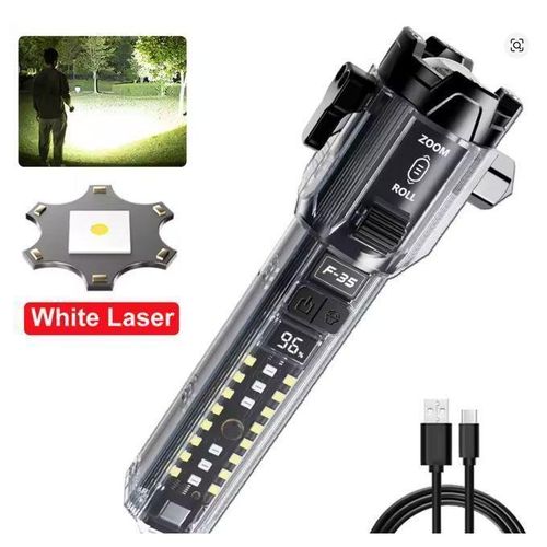 Puissant Lampe de poche LED multifonctionnelle avec lumière latérale COB, chargement USB, torche EDC d'urgence, lampe de poche avec marteau pour l'autodéfense