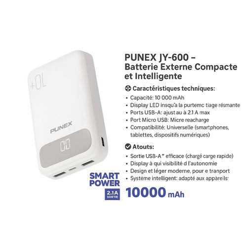 powerbank10000mah avec 2 port USB Compacte et Intelligente -blanc