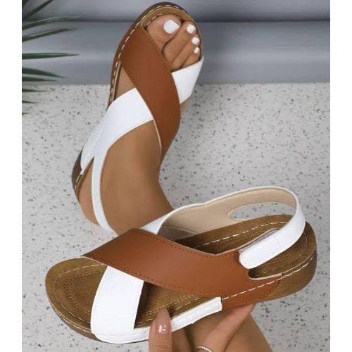 Sandales orthopédiques à plateforme pour femme, légères, à semelle souple - Marron/Blanc