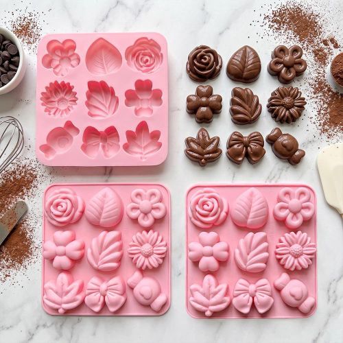 3 Moules en silicone, 9 fleurs Différentes , Rose