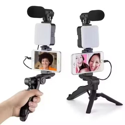 Ensemble de support de bureau rotatif avec lumière LED et microphone, trépied portable pour diffusion en direct, support polyvalent et pliable