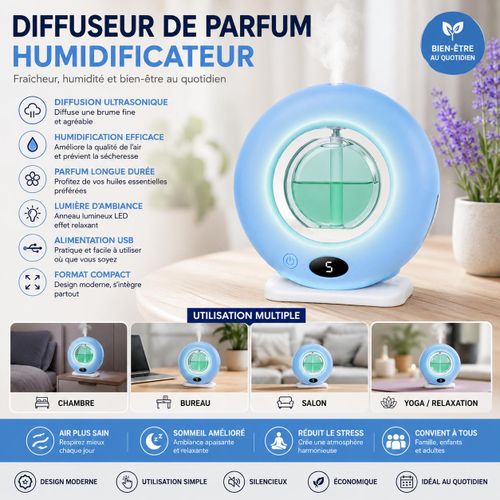 Diffuseur de Parfum et Humidificateur d’Air USB avec Brume Réglable, Affichage Numérique et Design Compact – multicolore