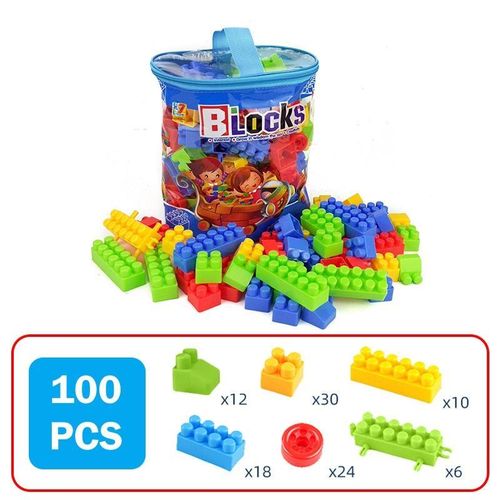 Blocs de construction de jouet éducatif pour enfants (100 pièces), grand ensemble de blocs de construction de particules avec sac de stockage