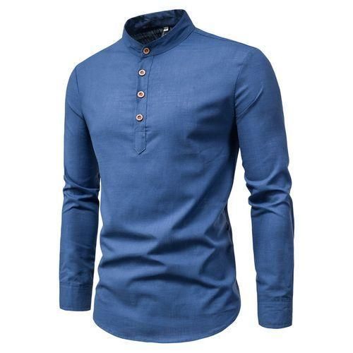 Chemise Homme Col Érigé Casuel Vintage – Bleu Marine